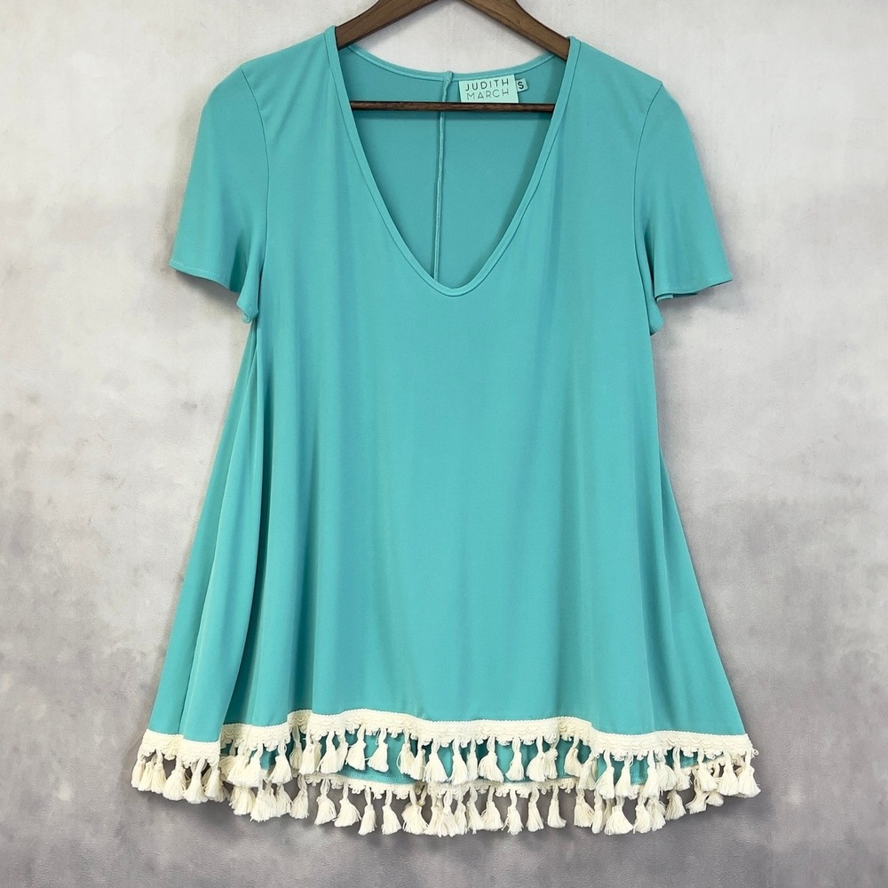 Judith March Tassel Fringe Hem Tunic Top Women Small Teal‎ Stretch Boho Indie - Picture 12 of 12